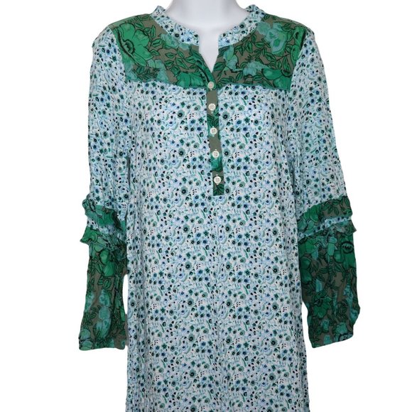 R. Vivimos Maxi Dress S Green Floral Ruffles Long Sleeve Peasant Prairie Cottage - Picture 2 of 9